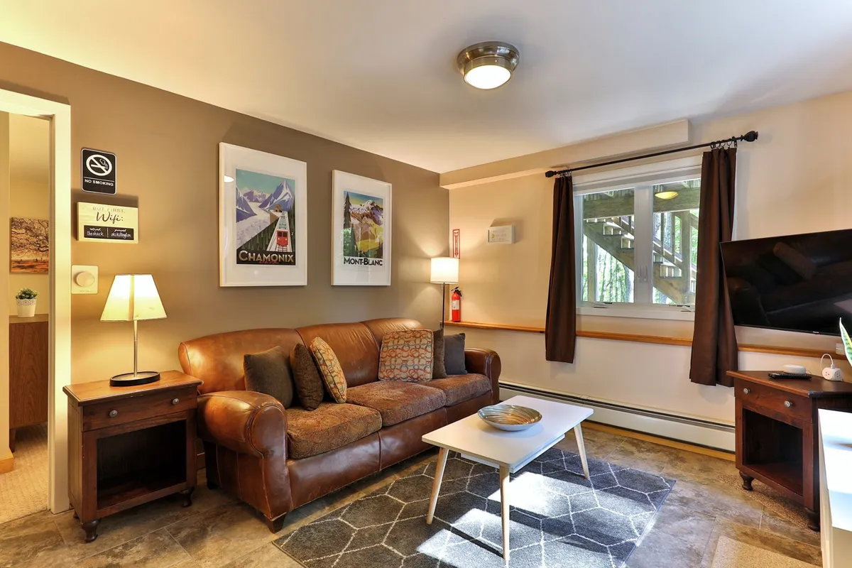 A welcoming living room centered around a leather couch, framed artwork above, a warm table lamp, and a smart TV. The atmosphere is cozy, inviting relaxation, movie nights, and lively conversation. The layout hints at ample space for both people and pets to gather comfortably.