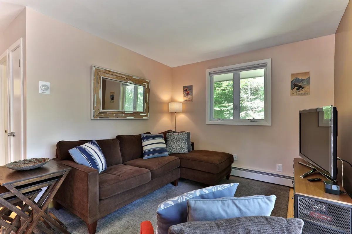 A spacious lounge featuring a brown sectional sofa, decorative mirror, soft lamp lighting, a large window with views, and a television. The space feels comfortable and homelike, ideal for relaxing, socializing, or unwinding after outdoor adventures. Pets would easily fit into this open, inviting area.